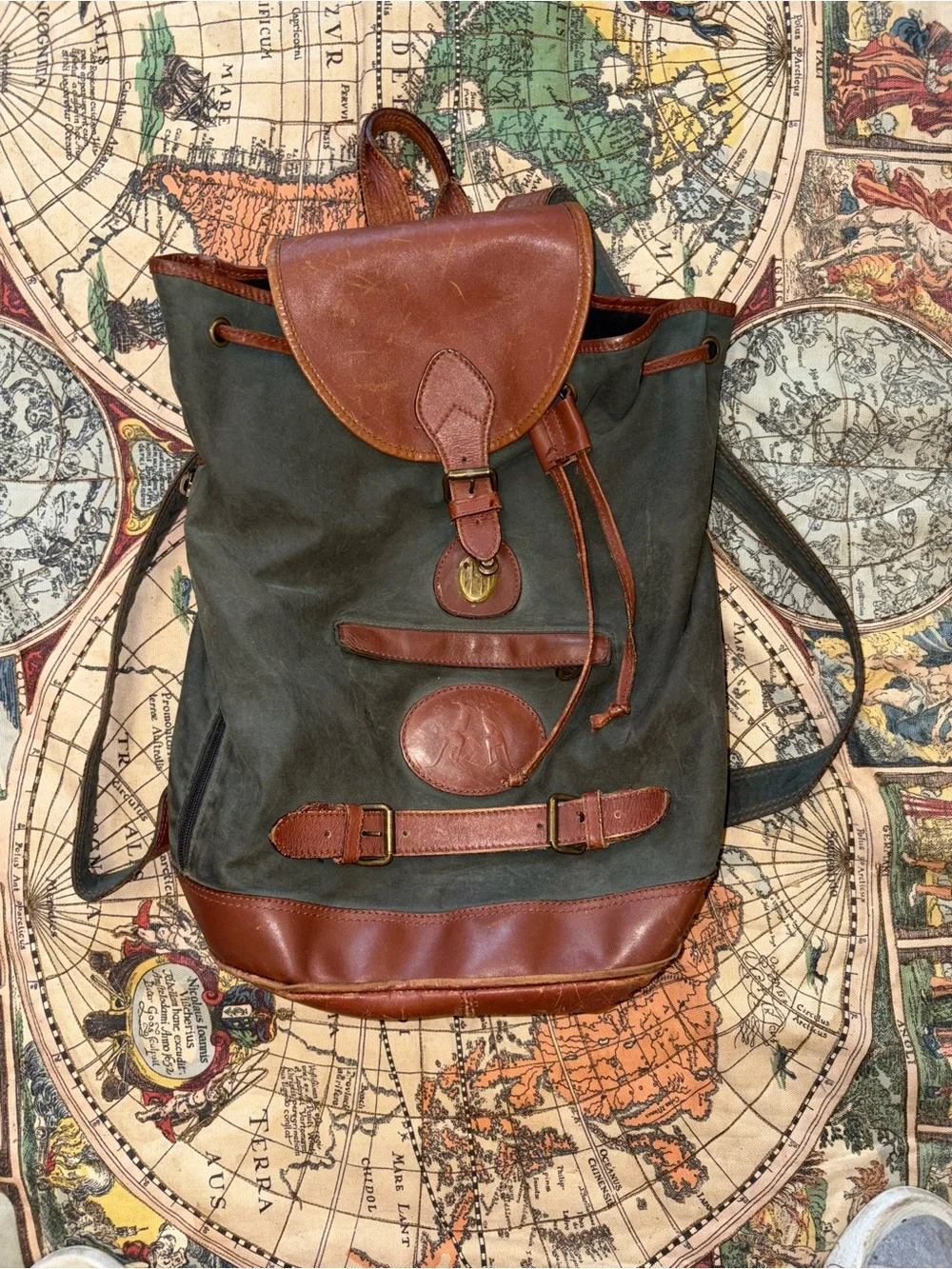 Men's Green Canvas and Brown Leather Backpack